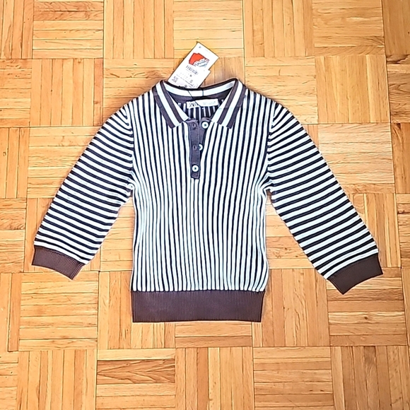 Zara Top, Women's Striped Collared 3 Button Stretchy Rib Knit Polo, S - Picture 2 of 6